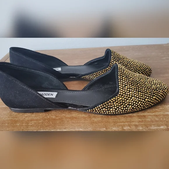 Steve Madden Vamp-G Women's 8 d'Orsay Flats Shoes Black Suede Gold Rhinestones - Picture 2 of 11